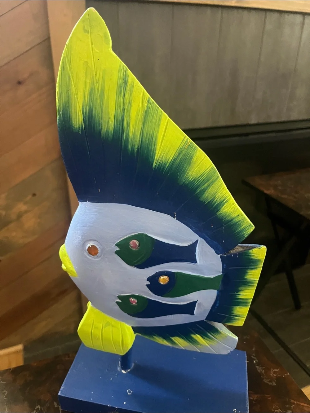 Vibrant Decorative Wooden Fish on Base